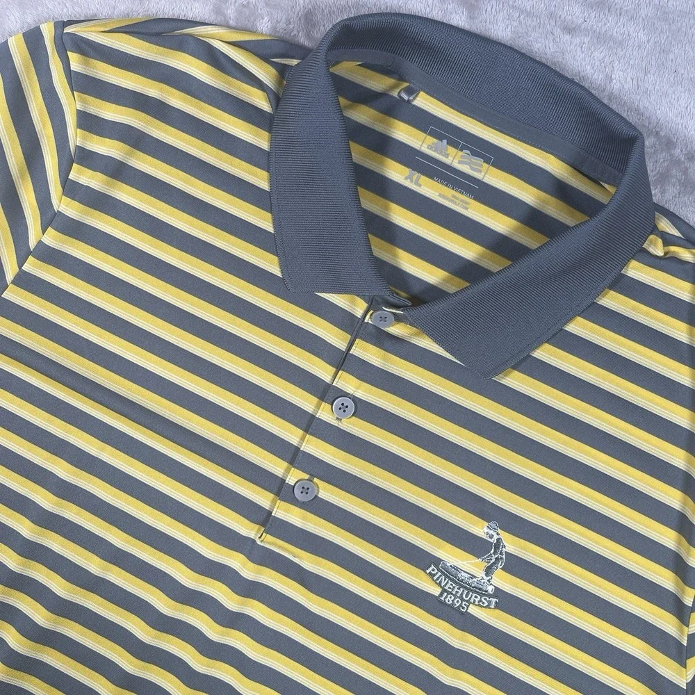 Adidas ClimaLite Pinehurst Golf Polo Yellow Gray Striped Men’s XL Embroidered